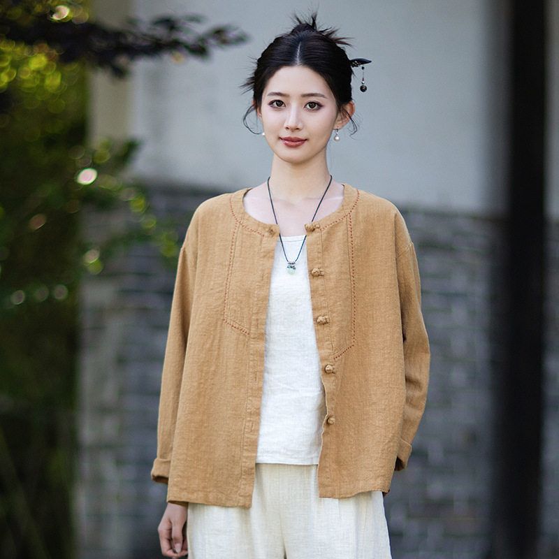 2026新款棉麻女装新中式棉麻上衣开衫女砂洗盘扣中式禅茶服衬衫