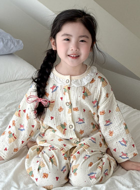 春装女宝宝睡衣宽松韩版夏季家居服薄款纯棉纱套装女孩儿童空调服