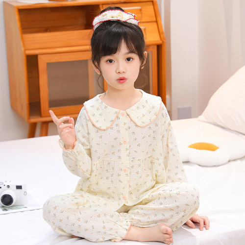 女童棉纱布空调服女宝宝家居服春薄款儿童睡衣夏季长袖束腿裤套装