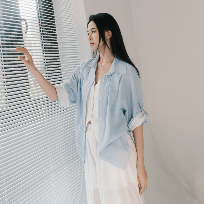 月影集透凉棉麻短袖开衫衬衣女夏薄款假两件宽松休闲防晒翻领衬衣