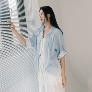 月影集透凉棉麻短袖开衫衬衣女夏薄款假两件宽松休闲防晒翻领衬衣