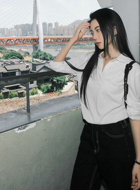 月影集 大自然的呼吸天丝竹节棉翻领POLO衫女宽松防晒白色T恤短袖