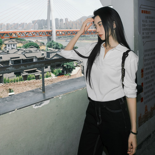 复古MIU风高智纯棉T恤黑白POLO衫