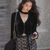 月影集 复古黑色丝绒上衣高腰气质V领欧美风飘带性感纯欲长袖 外套
