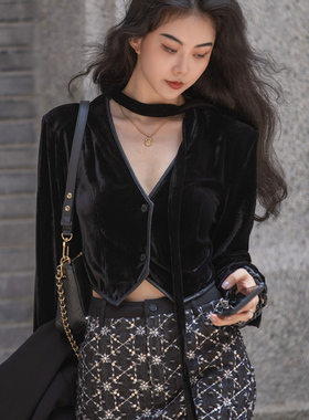 月影集 复古黑色丝绒上衣高腰气质V领欧美风飘带性感纯欲长袖外套