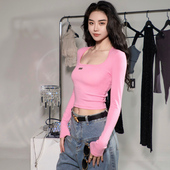 长袖 月影集全棉高弹大U领基础高腰打底衫 圆领低胸欧美修身 辣妹T恤