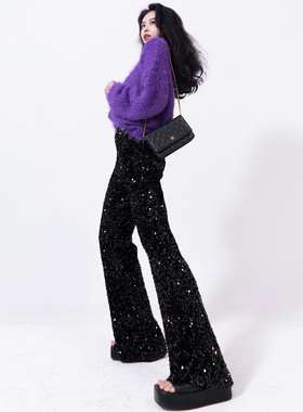 月影集亮片丝绒弹力阔腿裤女秋黑色高腰垂感显瘦微喇拖地休闲长裤