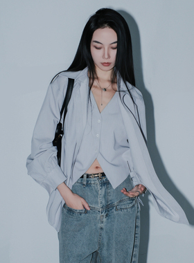 月影集 垂顺假两件马甲衬衫女白色V领宽松显瘦轻奢高级感长袖上衣