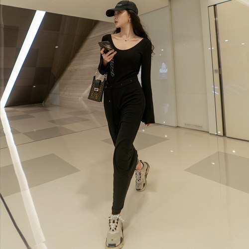 黑色连衣长裙棉纯色腰带显瘦