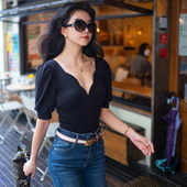 月影集黑天鹅优雅深V修身 连体短袖 上衣T恤欧美辣妹公主袖 显瘦法式