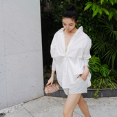 棉欧美法式 月影集蝶形轮廓 立体剪裁宽松衬衣黑白衬衫 慵懒防晒衣