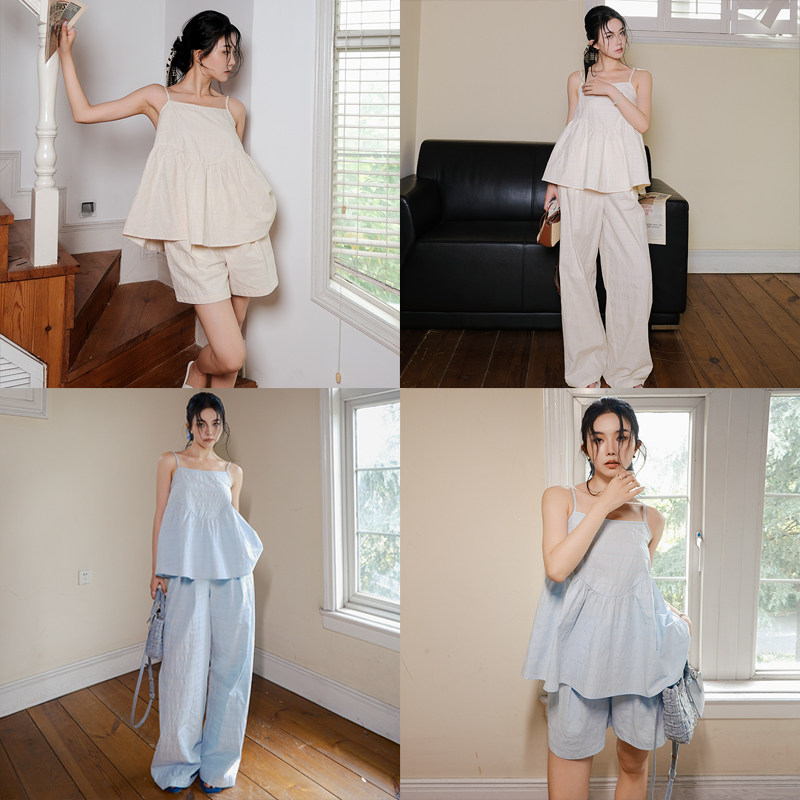 月影集 100%纯棉法式小吊带套装宽松度假风背心两件套娃娃衫上衣