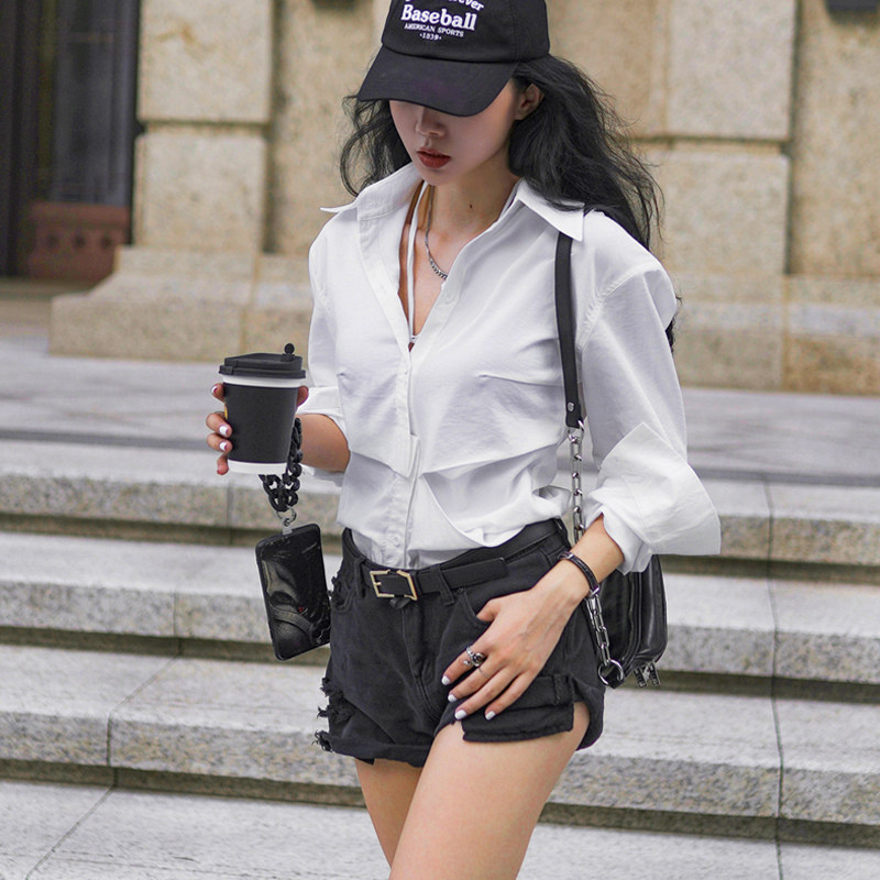 月影集高织纯棉长袖白衬衣阔肩系绳气质欧美风百搭OL通勤修身衬衫