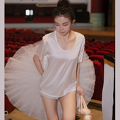 冰丝凉感U领宽松气质法式 月影集珍珠光感全绸缎短袖 T恤女夏季 上衣