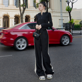 女高腰垂感秋冬加厚直筒拖地运动休闲裤 月影集 侧条纹黑色阔腿裤