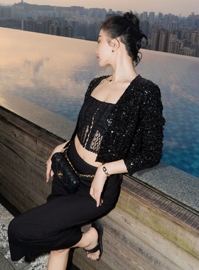 月影集暗闪曜石黑色亮片短款外套女小香风名媛法式高腰开衫小上衣