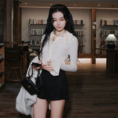 月影集温柔双层荷叶领针织衫 显瘦内搭上衣 高级修身 女打底开衫 法式