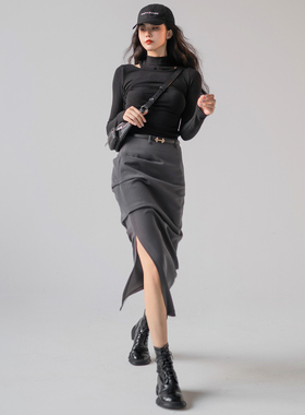 月影集 西装半身裙女秋工装半裙修身显瘦欧美ins开叉休闲直筒长裙