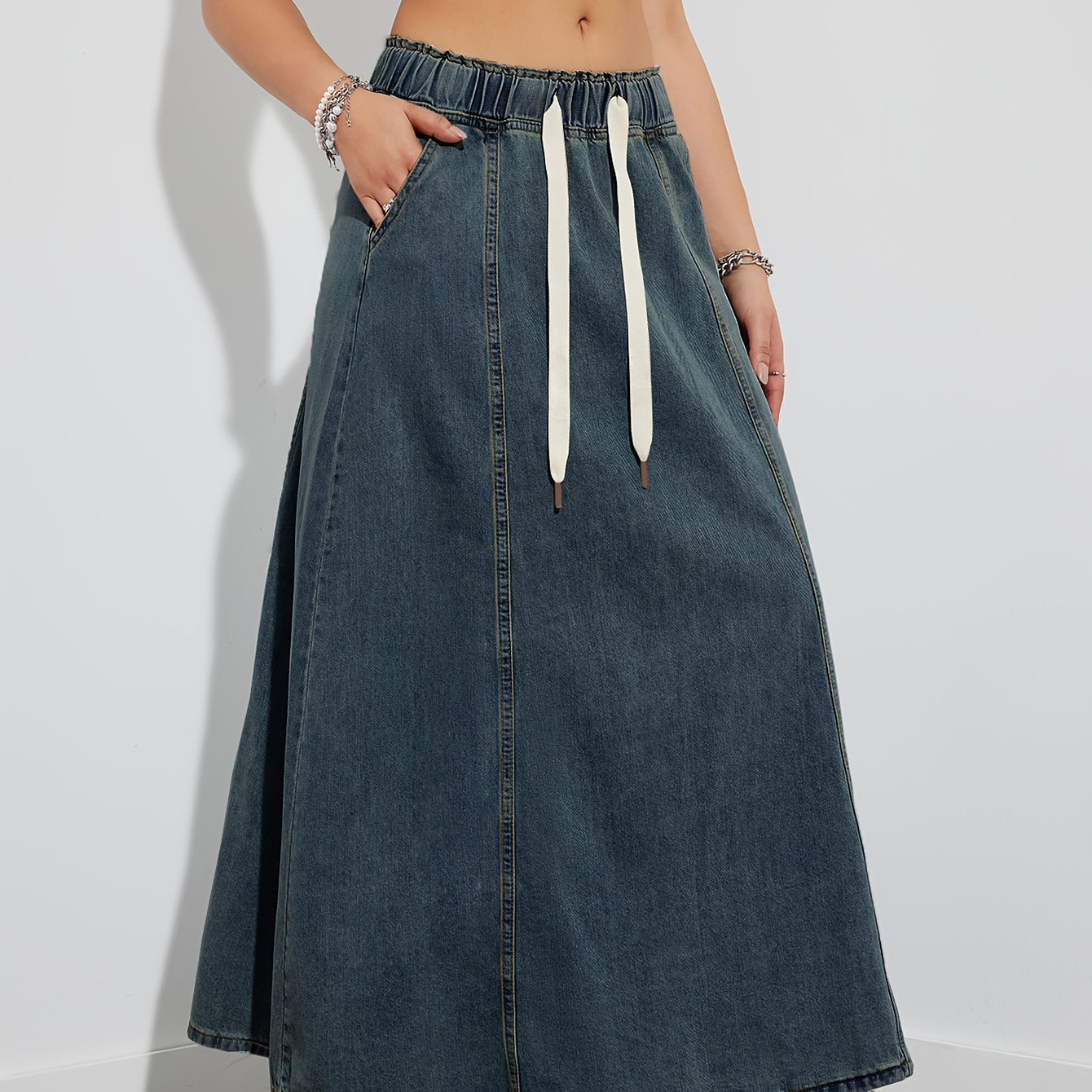 Women Retro A Line Wash Maxi Long Denim Skirt with Pockets
