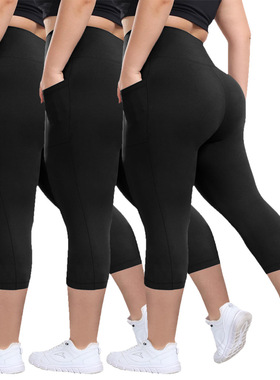 Women Capri Plus Size Leggings with Pockets Tummy Yoga Pants