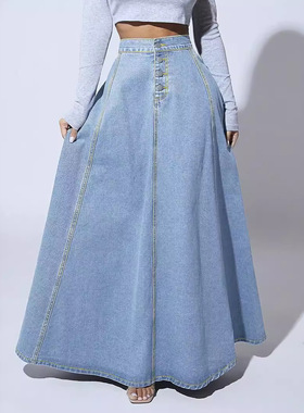 Women Long Jean Denim Button Down High Waisted Maxi Skirts