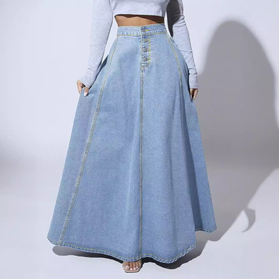 Women Long Jean Denim Button Down High Waisted Maxi Skirts