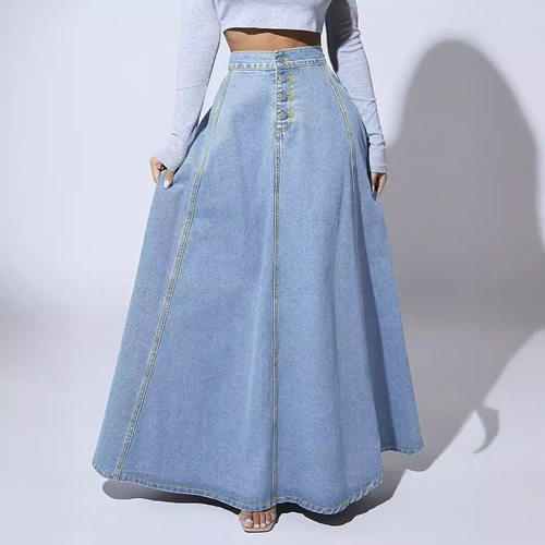 Women Long Jean Denim Button Down High Waisted Maxi Skirts