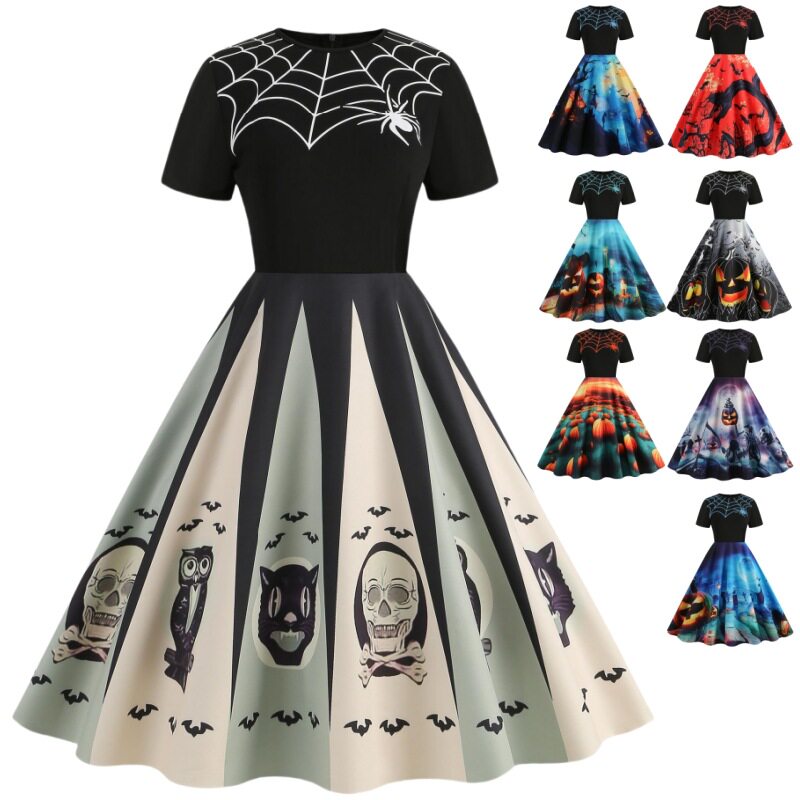 Women Halloween Short Sleeves Printed Vintage Party Dress图片