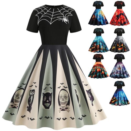 Women Halloween Short Sleeves Printed Vintage Party Dress