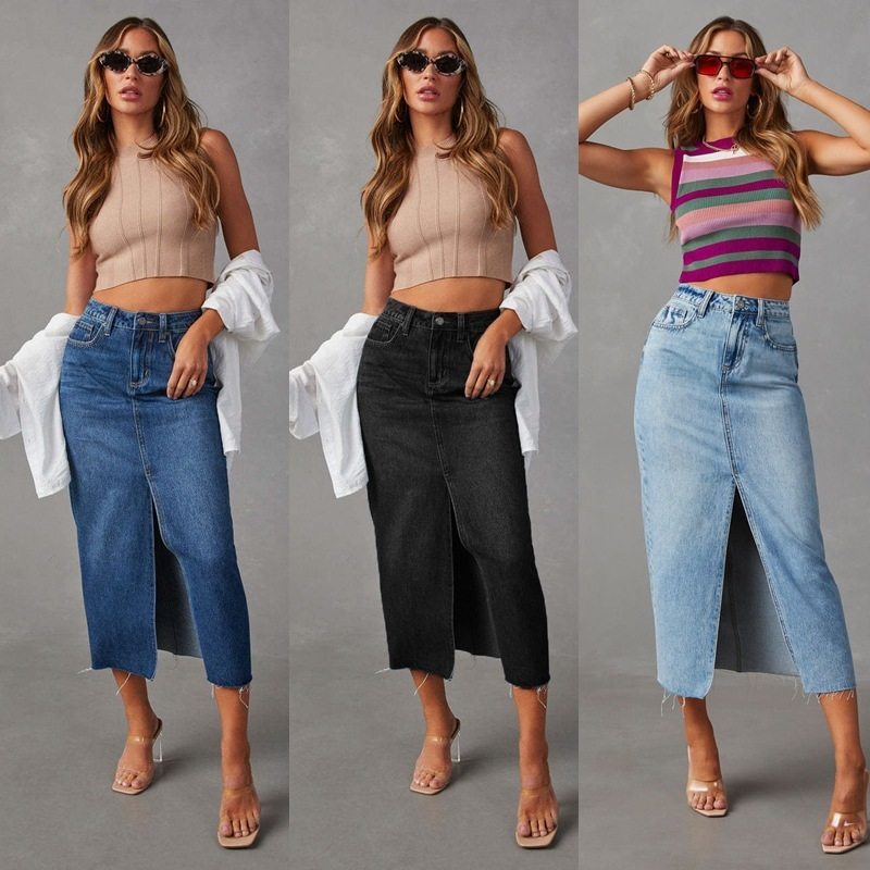 Women Long Jean Skirts Stretch Denim Midi Bodycon Skirt图片