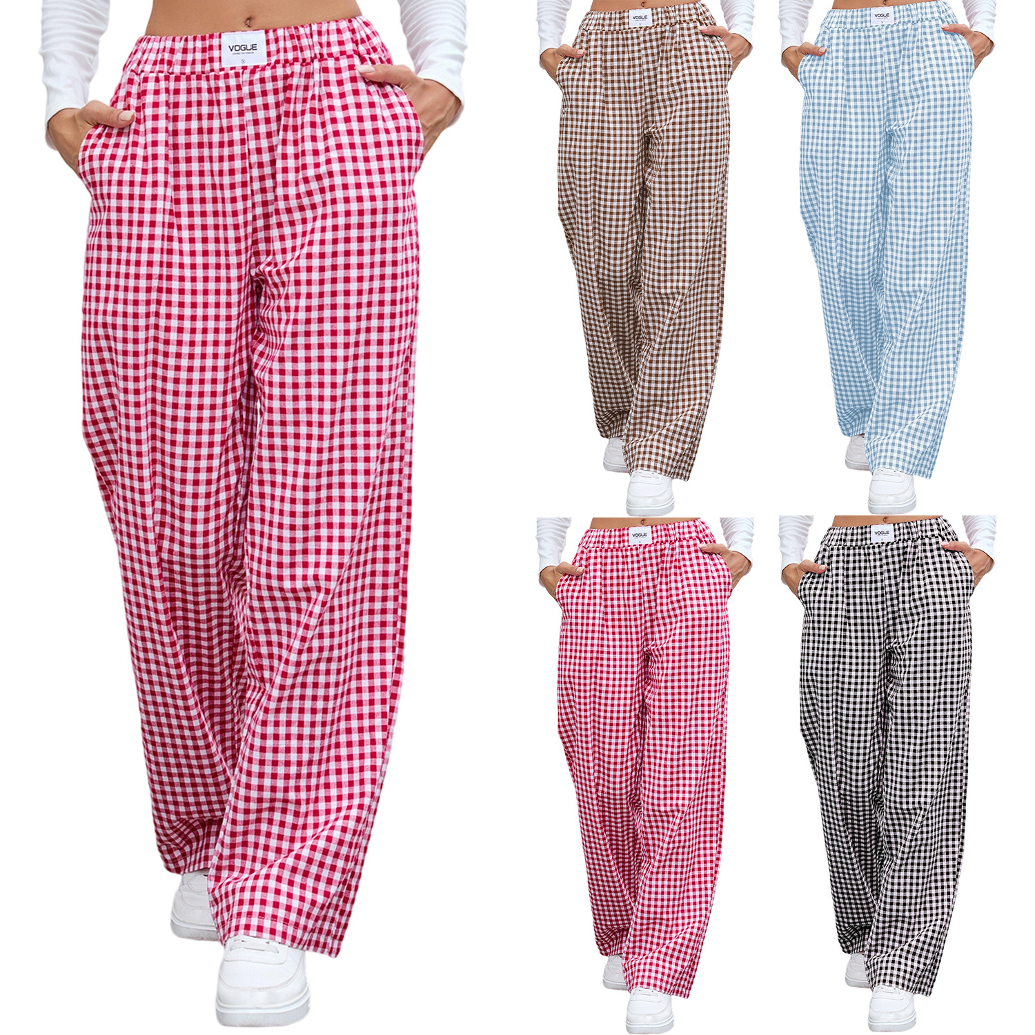 Women Plaid Pants Elastic Waist Work Office Long Trousers