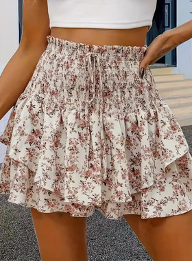 Women Shorts with Pockets Summer Casual Shorts印花阔腿短裤女