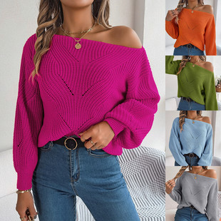 Women Off Shoulder Sweaters Cute Batwing Crochet Sweater Top