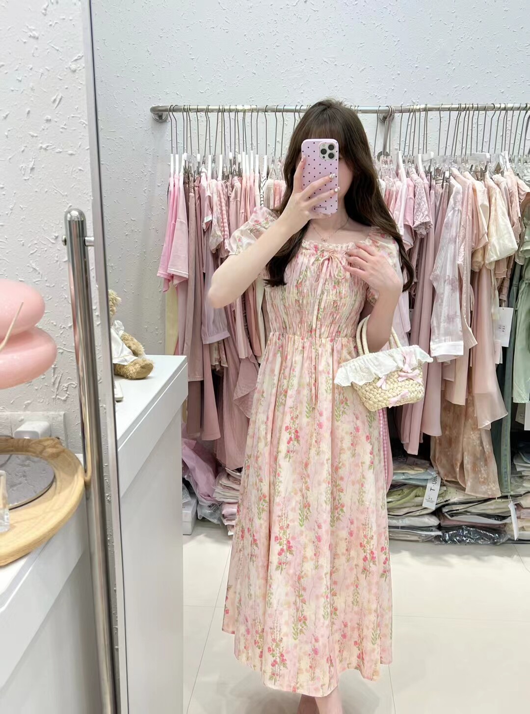 法式复古油画碎花短袖连衣裙女夏连衣裙