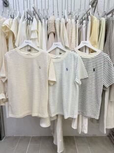 甜美风可爱风小众设计刺绣条纹撞色拼接纯棉短袖 女t上衣 T恤女夏季