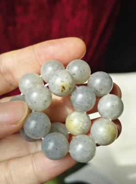 和田玉新疆籽料白底青花卡12，16圆珠手链手串点墨青花黄沁皮