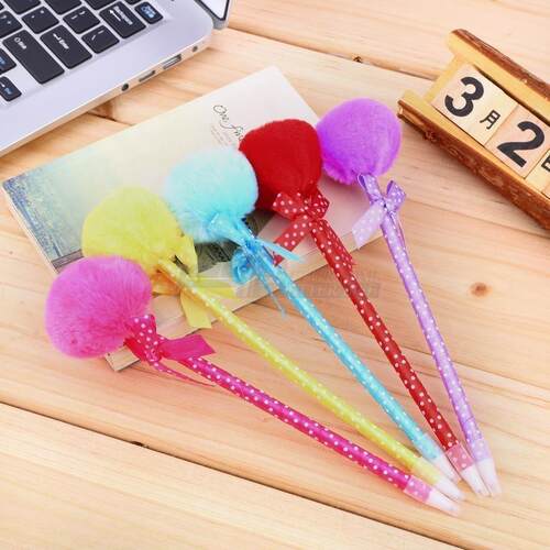5pcs/set adorable fluffy pens cute ballpoint pen ribbon prin