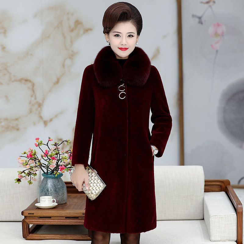 100%羊毛狐狸毛领颗粒绒皮毛一体中老年妈妈装高档女装大衣毛呢