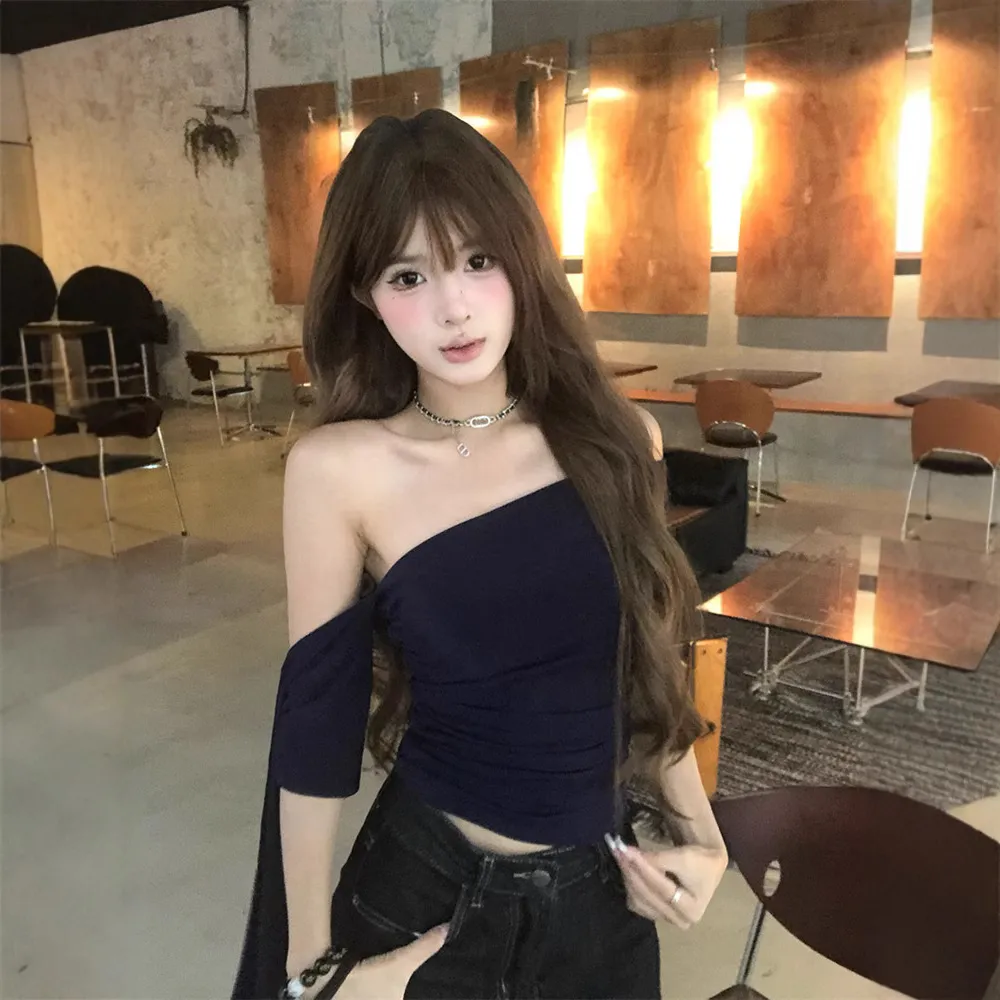 纯欲风性感辣妹露肩短袖T恤女2025夏季新款修身显瘦短款气质上衣,女装/女士精品,T恤,淘宝优惠券,粉丝福利购,淘宝优惠卷