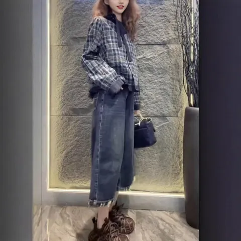 秋季25918时髦大爱美依缘牛仔裤女2025格子新宽松长袖衬衫新阔腿,女装/女士精品,时尚套装,淘宝优惠券,粉丝福利购,淘宝优惠卷