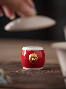 陶瓷盖置复古桌面锣鼓盖托摆件