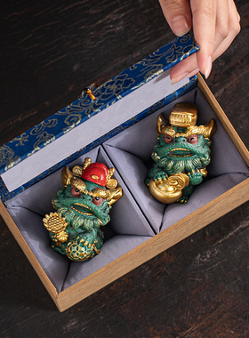 瓷水陶清国潮中式石狮子装饰摆件