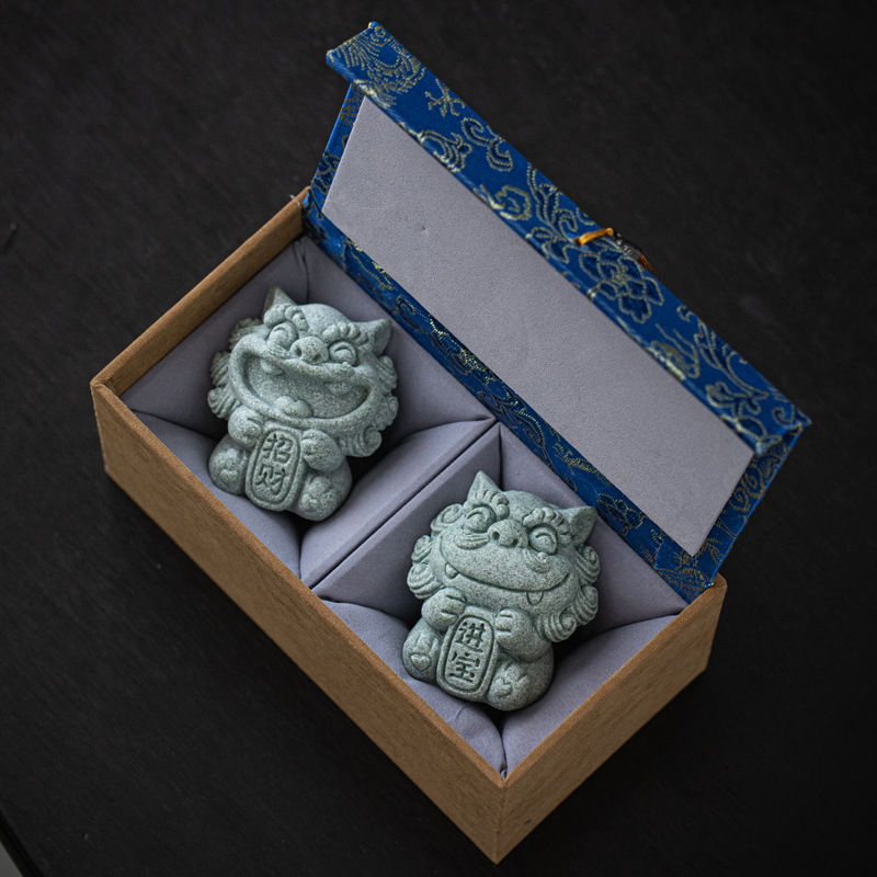 小清新可爱石狮子招财进宝一对礼盒装创意风狮爷茶宠摆件鱼缸造景