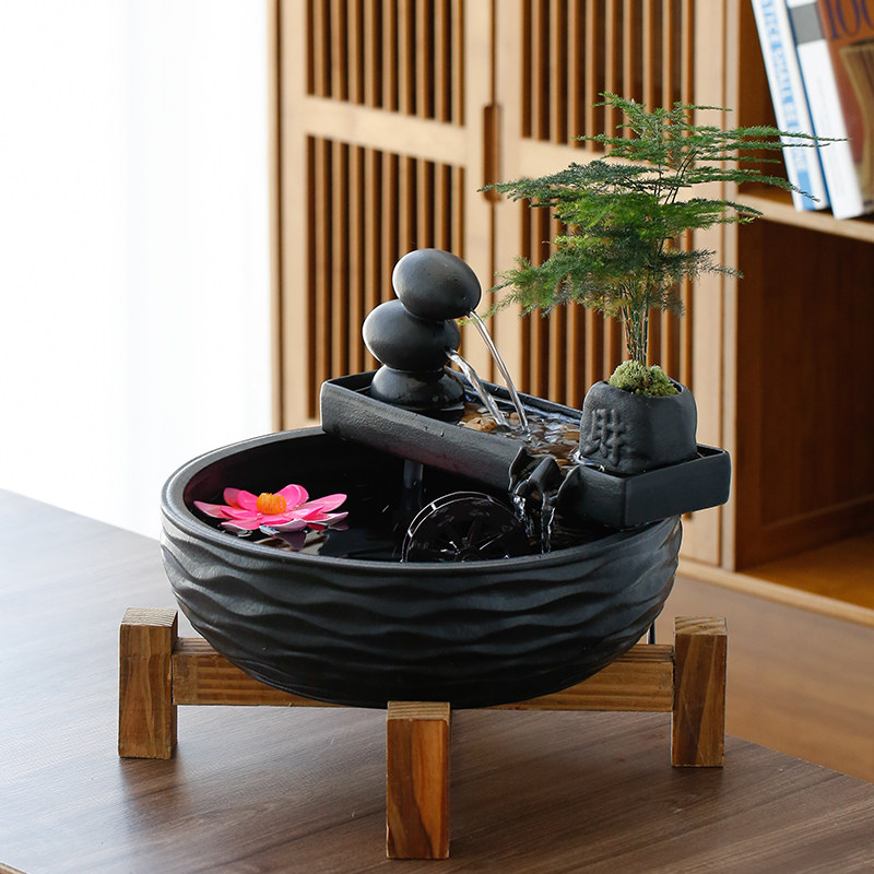 创意流水招财水车转运循环水陶瓷摆件加湿器客厅书房店铺开业礼品