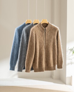 男士康赛妮重磅加厚拉绒100%山羊绒小立领休闲风棒球服羊绒衫开衫