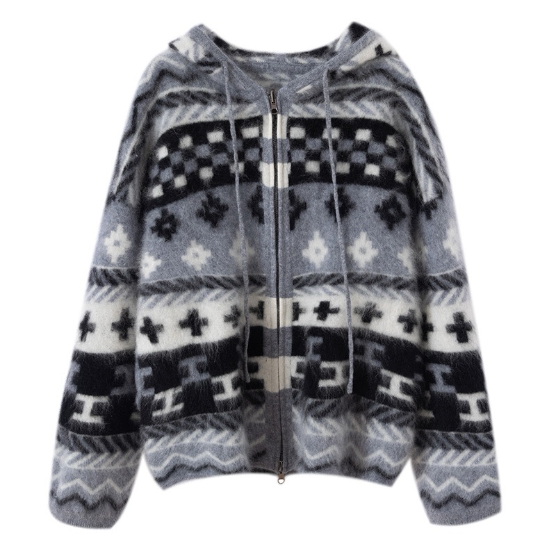 魔方块 100%山羊绒拉绒开衫外套 双面提花带口袋大版加厚外套899