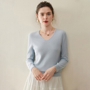 爆款~无缝一体100%纯山羊绒衫女v领毛衣套头秋冬季宽松针织打底衫