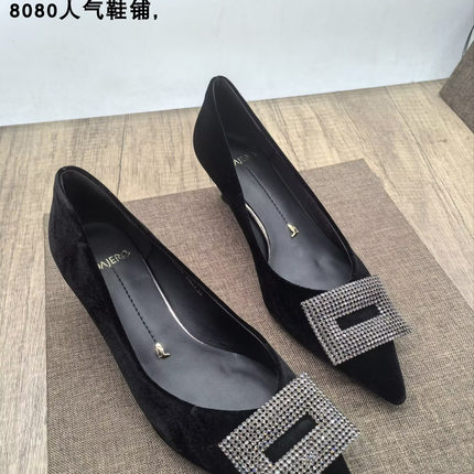 2025新款轻奢水钻方扣尖头高跟鞋女4.5公分细跟浅口单鞋通勤百搭