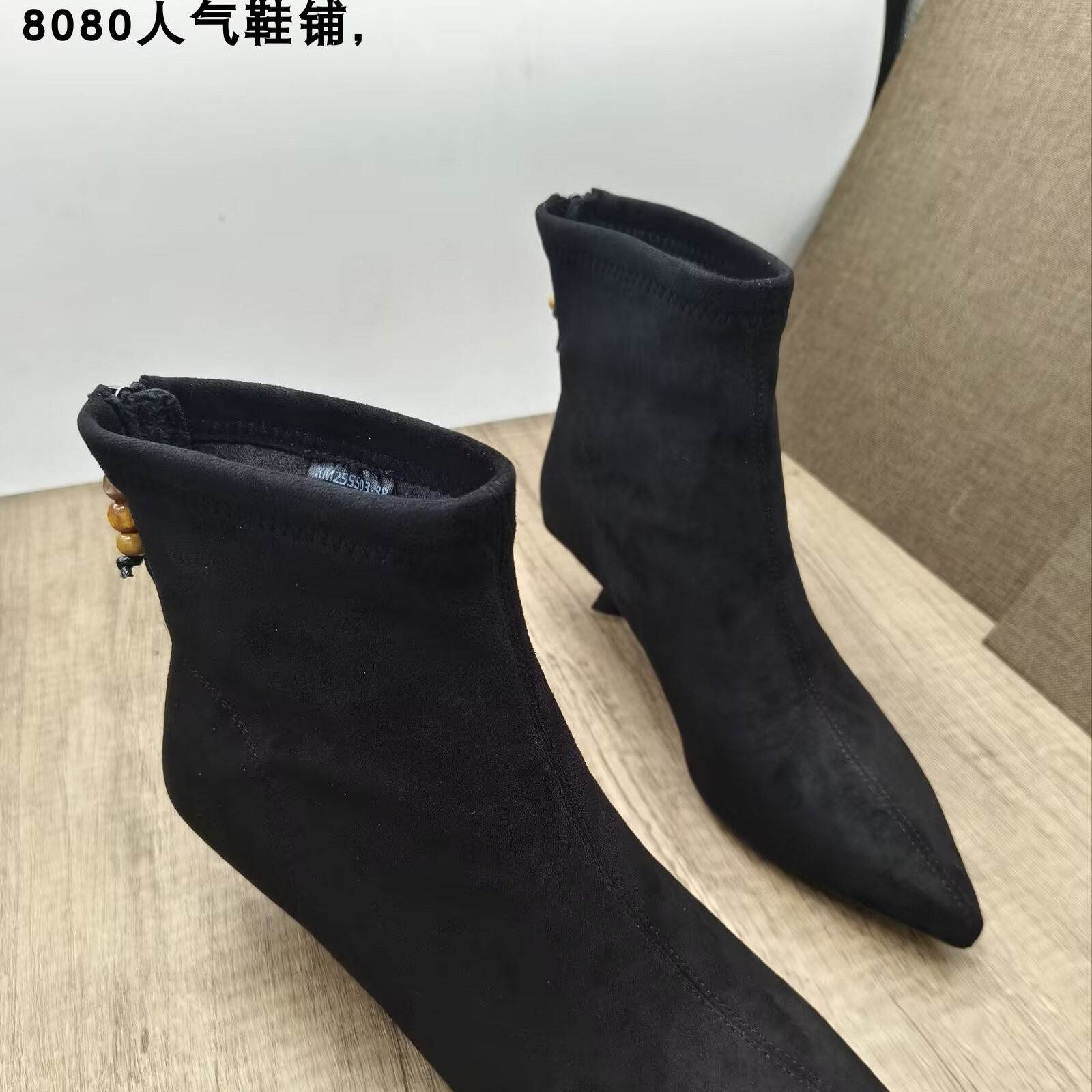 2025年新款欧美风尖头气质百搭粗跟5公分高跟鞋女时尚短靴,女鞋,时装靴,淘宝优惠券,粉丝福利购,淘宝优惠卷