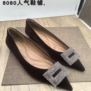 新款法式水钻方扣尖头浅口单鞋女2.5公分平底百搭金丝绒单鞋气质